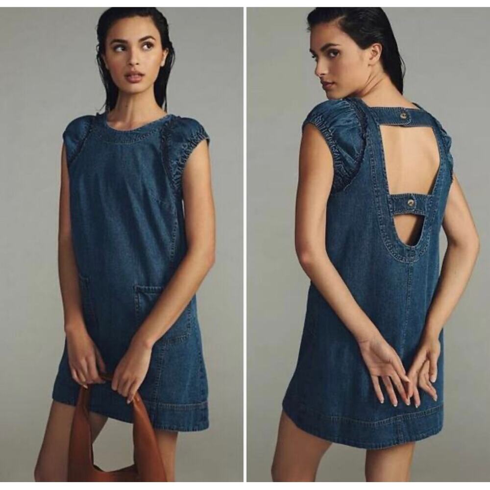 Pilcro by Anthropologie Ruched Sleeve Denim Dress Sz 4